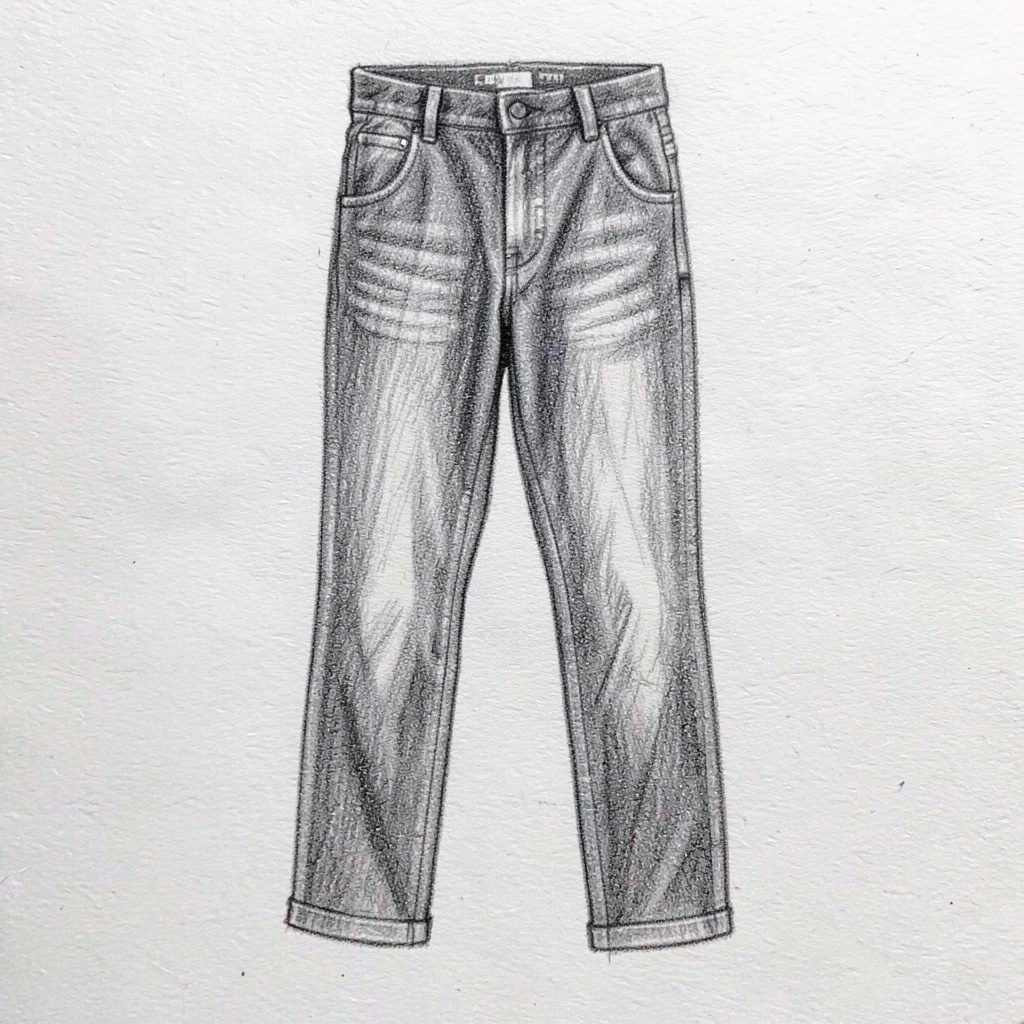 Graphite pencil sketch of snowboard pants with technical fabric texture, dark grey and black