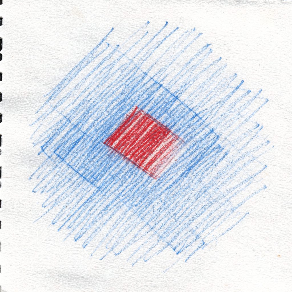 Graphite pencil sketch of a stylized brand emblem with geometric shapes, cool blue-grey tones